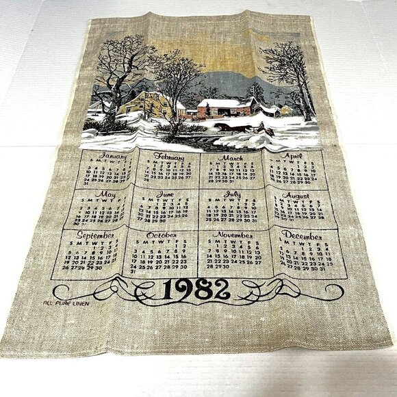 Vintage 1982 Linen Calendar Tea Towel With Winter Scene Design - Picture 1 of 6